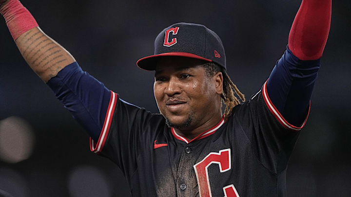 May 4, 2025; Toronto, Ontario, CAN; Cleveland Guardians third baseman Jose Ramirez (11) celebrates making the final out of the eighth inning against the Toronto Blue Jays at Rogers Centre. Mandatory Credit: John E. Sokolowski-Imagn Images