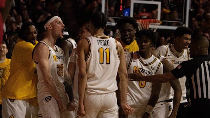 Feb. 19, 2024; Columbia, Missouri, USA; Missouri Tigers guard/forward Jacob Crews (35) celebrates with forward Trent Pierce (11) after Pierce made a layup in the first half of a game against the Alabama Crimson Tide at Mizzou Arena.