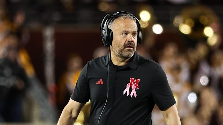 Oct 17, 2025; Minneapolis, Minnesota, USA; Nebraska Cornhuskers head coach Matt Rhule looks on during the second half against the Minnesota Golden Gophers at Huntington Bank Stadium. 