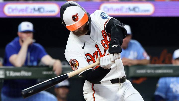 Jul 11, 2026; Baltimore, Maryland, USA; Baltimore Orioles left fielder Taylor Ward (3) hits a home run during the sixth inning against the Kansas City Royals at Oriole Park at Camden Yards. Mandatory Credit: Daniel Kucin Jr.-Imagn Images