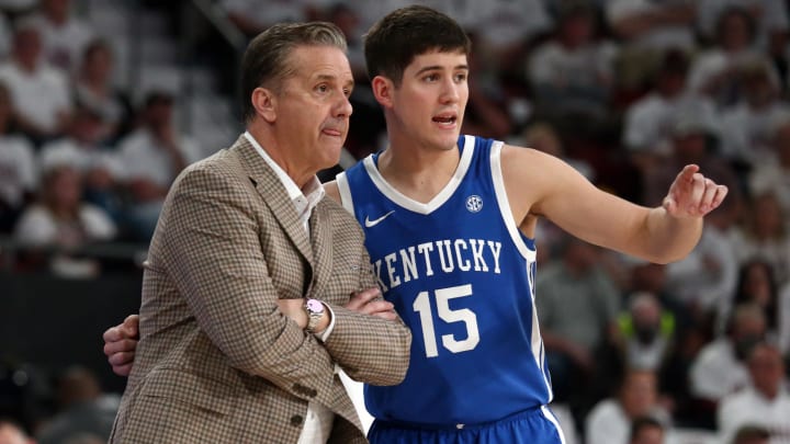 Feb 27, 2024; Starkville, Mississippi, USA; Kentucky Wildcats guard Reed Sheppard (15) talks with head coach John Calipari (left) during the second half against the Mississippi State Bulldogs at Humphrey Coliseum. Mandatory Credit: Petre Thomas-USA TODAY Sports Feb 27, 2024; Starkville, Mississippi, USA; Kentucky Wildcats guard Reed Sheppard (15) talks with head coach John Calipari (left) during the second half against the Mississippi State Bulldogs at Humphrey Coliseum. Mandatory Credit: Petre Thomas-USA TODAY Sports
