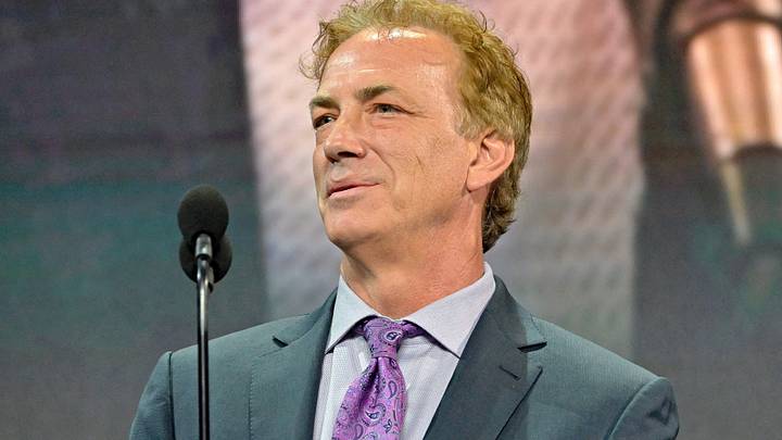 Jul 7, 2022; Montreal, Quebec, CANADA; Colorado Avalanche executive vice president and general manager Joe Sakic speaks after receiving the Jim Gregory general manager of the year award during the first round of the 2022 NHL Draft at Bell Centre. Mandatory Credit: Eric Bolte-USA TODAY Sports