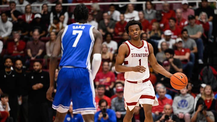 Jan 17, 2026; Stanford, California, USA; Stanford Cardinal guard Ebuka Okorie (1) dribbles against Duke Blue Devils guard Dame Sarr (7) in the first half at Maples Pavilion. Mandatory Credit: Eakin Howard-Imagn Images