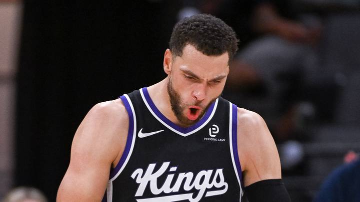 Oct 26, 2025; Sacramento, California, USA; Sacramento Kings guard Zach Lavine (8) reacts after scoring against the Los Angeles Lakers during the fourth quarter at Golden 1 Center. Mandatory Credit: Ed Szczepanski-Imagn Images