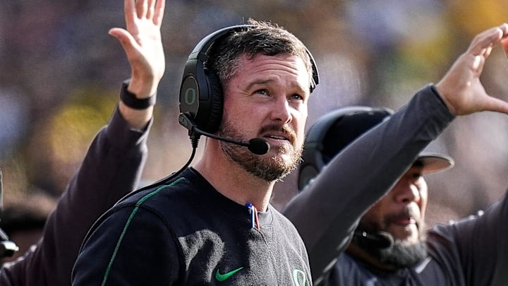 Oregon coach Dan Lanning watches his team's game against Michigan at Michigan Stadium in Ann Arbor on Saturday, Nov. 2, 2024.