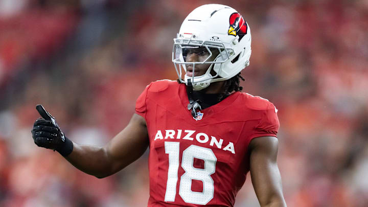 Aug 9, 2025; Glendale, Arizona, USA; Arizona Cardinals wide receiver Marvin Harrison Jr. (18) against the Kansas City Chiefs during a preseason NFL game at State Farm Stadium. Mandatory Credit: Mark J. Rebilas-Imagn Images