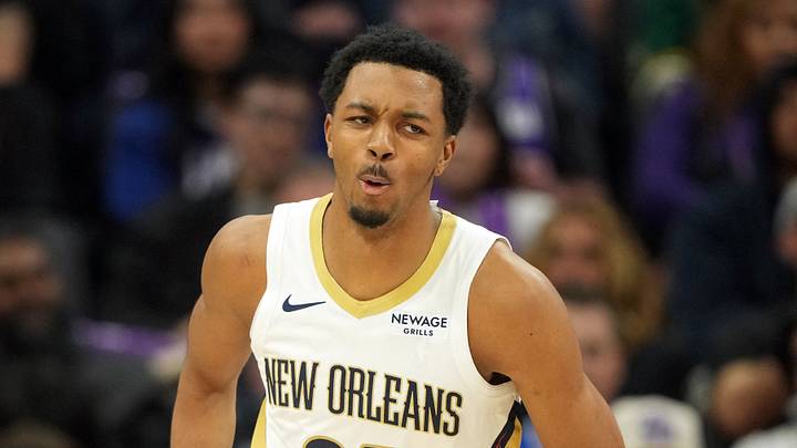 Apr 3, 2026; Sacramento, California, USA; New Orleans Pelicans forward Trey Murphy III (25) reacts after dunking against the Sacramento Kings during the third quarter at Golden 1 Center. Mandatory Credit: Darren Yamashita-Imagn Images Apr 3, 2026; Sacramento, California, USA; New Orleans Pelicans forward Trey Murphy III (25) reacts after dunking against the Sacramento Kings during the third quarter at Golden 1 Center. Mandatory Credit: Darren Yamashita-Imagn Images