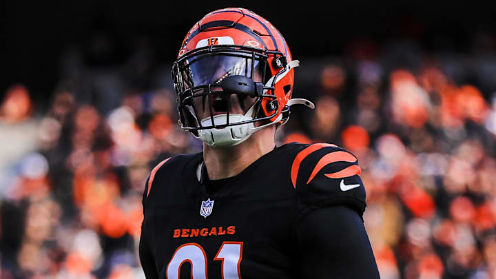 Dec 22, 2024; Cincinnati, Ohio, USA; Cincinnati Bengals defensive end Trey Hendrickson (91) runs onto the field before the game against the Cleveland Browns at Paycor Stadium. Mandatory Credit: Katie Stratman-Imagn Images