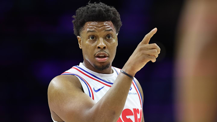 Jan 29, 2025; Philadelphia, Pennsylvania, USA; Philadelphia 76ers guard Kyle Lowry (7) reacts to a play against the Sacramento Kings during the fourth quarter at Wells Fargo Center. Mandatory Credit: Bill Streicher-Imagn Images Jan 29, 2025; Philadelphia, Pennsylvania, USA; Philadelphia 76ers guard Kyle Lowry (7) reacts to a play against the Sacramento Kings during the fourth quarter at Wells Fargo Center. Mandatory Credit: Bill Streicher-Imagn Images