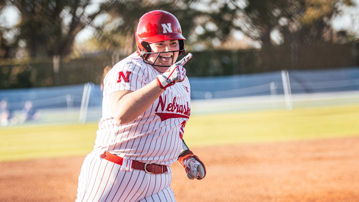 Nebraska pitcher Emmerson Cope rounds the bases after hitting a home run against Southern Miss at the NFCA Leadoff Classic in Clearwater, Fla.