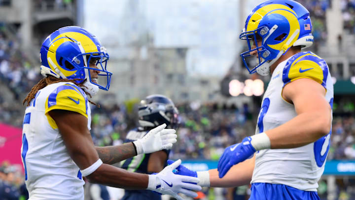 Nov 3, 2024; Seattle, Washington, USA; Los Angeles Rams wide receiver Demarcus Robinson (15) and tight end Davis Allen (87) celebrate after Demarcus Robinson (15) scored a touchdown against the Seattle Seahawks during the second half at Lumen Field. Mandatory Credit: Steven Bisig-Imagn Images Nov 3, 2024; Seattle, Washington, USA; Los Angeles Rams wide receiver Demarcus Robinson (15) and tight end Davis Allen (87) celebrate after Demarcus Robinson (15) scored a touchdown against the Seattle Seahawks during the second half at Lumen Field. Mandatory Credit: Steven Bisig-Imagn Images