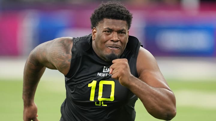 Feb 27, 2025; Indianapolis, IN, USA; Florida State defensive lineman Joshua Farmer (DL10) participates in drills during the 2025 NFL Combine at Lucas Oil Stadium. Mandatory Credit: Kirby Lee-Imagn Images