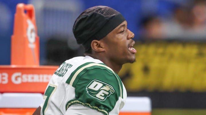 DeSoto's Ethan Feaster warms up after halftime during Friday's game at the Alamodome on Sept. 13, 2024, in San Antonio, Texas.