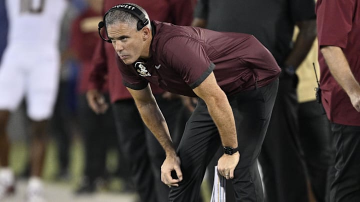 Sep 28, 2024; Dallas, Texas, USA; Florida State Seminoles head coach Mike Norvell during the game between the Southern Methodist Mustangs and the Florida State Seminoles at Gerald J. Ford Stadium. Mandatory Credit: Jerome Miron-Imagn Images