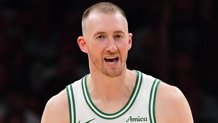 Apr 19, 2026; Boston, Massachusetts, USA; Boston Celtics forward Sam Hauser (30) reacts after making a three point basket in the second half during game one of the first round of the 2026 NBA Playoffs against the Philadelphia 76ers at TD Garden. Mandatory Credit: Bob DeChiara-Imagn Images