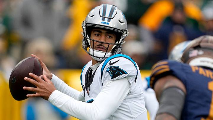 Carolina Panthers quarterback Bryce Young passes the ball against the Packers at Lambeau Field last year. Carolina Panthers quarterback Bryce Young passes the ball against the Packers at Lambeau Field last year.