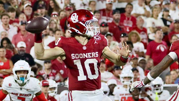Oklahoma quarterback John Mateer passes against New Mexico. Oklahoma quarterback John Mateer passes against New Mexico.