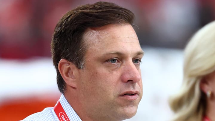 Aug 9, 2025; Glendale, Arizona, USA; Kansas City Chiefs general manager Brett Veach against the Arizona Cardinals during a preseason NFL game at State Farm Stadium. Mandatory Credit: Mark J. Rebilas-Imagn Images