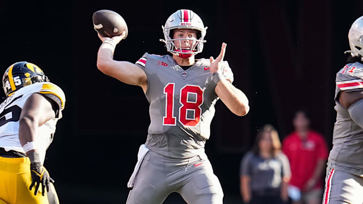 Ohio State quarterback Will Howard (18) looks to throw during his team's game against Iowa at Ohio Stadium. Ohio State quarterback Will Howard (18) looks to throw during his team's game against Iowa at Ohio Stadium.