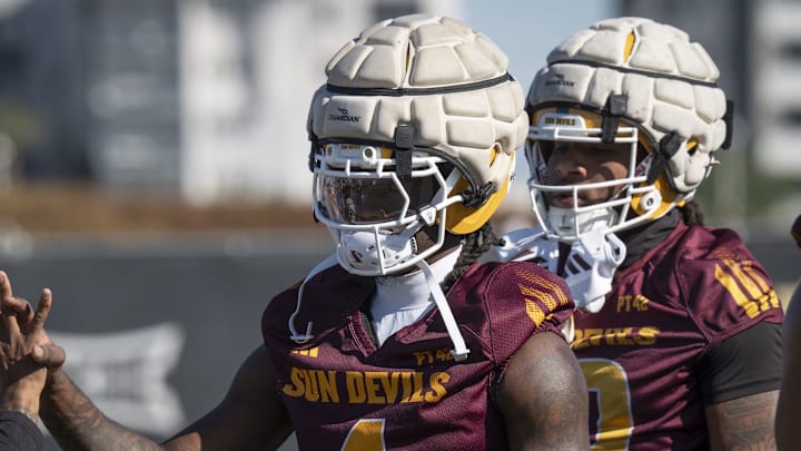 Omarion Miller (#4 WR) during ASU football practice at Kajikawa Practice fields in Tempe, Arizona, on March 19, 2026. Omarion Miller (#4 WR) during ASU football practice at Kajikawa Practice fields in Tempe, Arizona, on March 19, 2026.