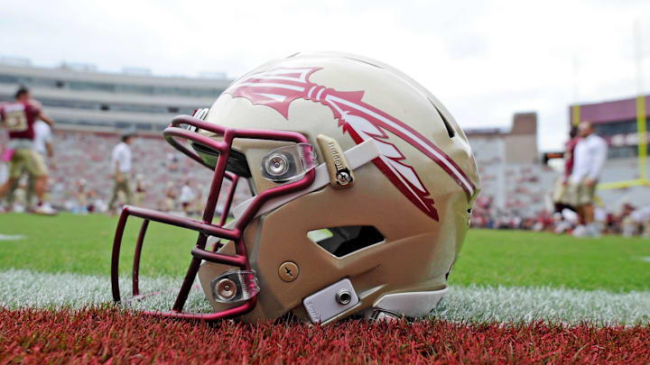 Oct 7, 2017; Tallahassee, FL, USA; View of a Florida State Seminoles helmet on the field before the game against the Miami Hurricanes at Doak Campbell Stadium. Mandatory Credit: Melina Vastola-Imagn Images
