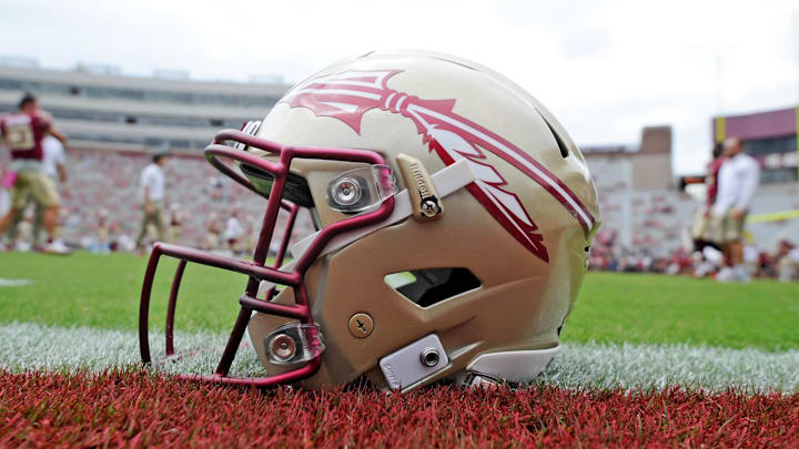 Oct 7, 2017; Tallahassee, FL, USA; View of a Florida State Seminoles helmet on the field before the game against the Miami Hurricanes at Doak Campbell Stadium. Mandatory Credit: Melina Vastola-Imagn Images