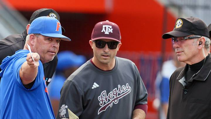 Florida head coach Kevin O'Sullivan talks with Texas A&M head coach Michael Earley before an NCAA baseball game at Condron Family Ballpark at Alfred A. McKethan Field in Gainesville, FL on Friday, April 24, 2026. [Alan Youngblood/Gainesville Sun]