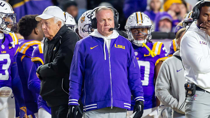 Tigers head coach Brian Kelly on the sideline as the LSU Tigers take on the Oklahoma Sooners. Nov 30, 2024; Baton Rouge, Louisiana, USA; at Tiger Stadium.