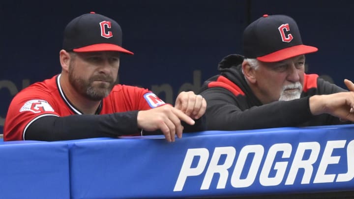 May 27, 2025; Cleveland, Ohio, USA; Cleveland Guardians manager Stephen Vogt (left) and pitching coach Carl Willis (51) sit in the dugout before a game against the Los Angeles Dodgers at Progressive Field. Mandatory Credit: David Richard-Imagn Images May 27, 2025; Cleveland, Ohio, USA; Cleveland Guardians manager Stephen Vogt (left) and pitching coach Carl Willis (51) sit in the dugout before a game against the Los Angeles Dodgers at Progressive Field. Mandatory Credit: David Richard-Imagn Images