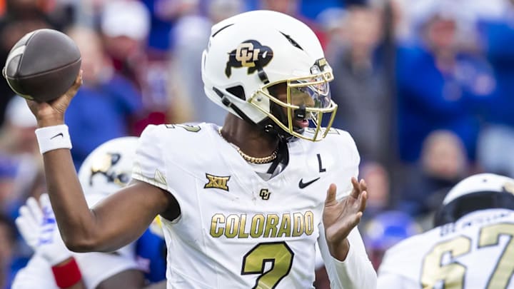 Nov 23, 2024; Kansas City, Missouri, USA; Colorado quarterback Shedeur Sanders (2) passes the ball during the 2nd quarter between the Kansas Jayhawks and the Colorado Buffaloes at GEHA Field at Arrowhead Stadium. Mandatory Credit: Nick Tre. Smith-Imagn Images Nov 23, 2024; Kansas City, Missouri, USA; Colorado quarterback Shedeur Sanders (2) passes the ball during the 2nd quarter between the Kansas Jayhawks and the Colorado Buffaloes at GEHA Field at Arrowhead Stadium. Mandatory Credit: Nick Tre. Smith-Imagn Images