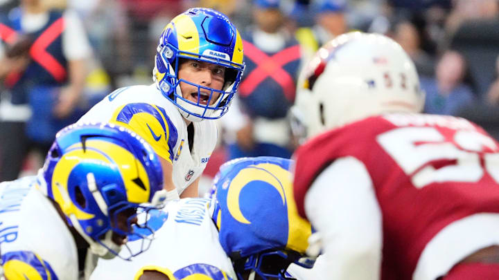 Los Angeles Rams quarterback Matthew Stafford (9) against the Arizona Cardinals in the first half at State Farm Stadium on Dec 7, 2025, in Glendale, Ariz. Los Angeles Rams quarterback Matthew Stafford (9) against the Arizona Cardinals in the first half at State Farm Stadium on Dec 7, 2025, in Glendale, Ariz.