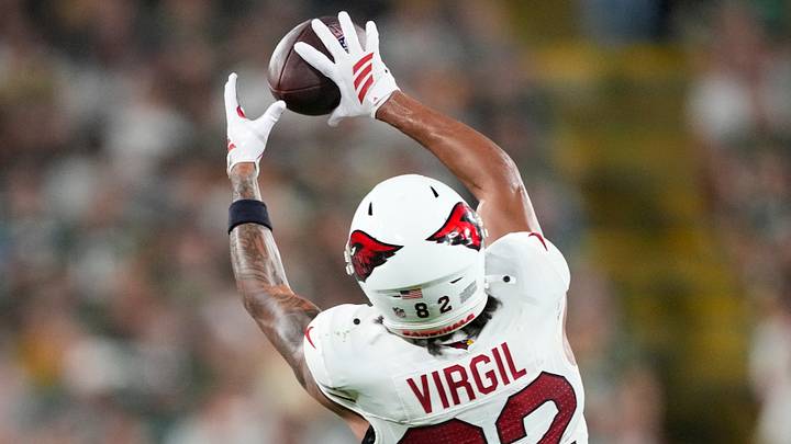 Aug 28, 2026; Green Bay, Wisconsin, USA; Arizona Cardinals wide receiver Reggie Virgil (82) catches a pass during the second quarter against the Green Bay Packers at Lambeau Field. Mandatory Credit: Jeff Hanisch-Imagn Images Aug 28, 2026; Green Bay, Wisconsin, USA; Arizona Cardinals wide receiver Reggie Virgil (82) catches a pass during the second quarter against the Green Bay Packers at Lambeau Field. Mandatory Credit: Jeff Hanisch-Imagn Images