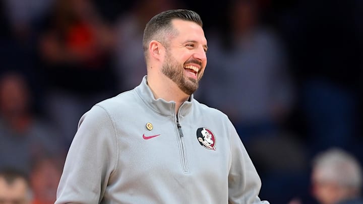 Jan 13, 2026; Syracuse, New York, USA; Florida State Seminoles head coach Luke Loucks reacts prior to the game against the Syracuse Orange at the JMA Wireless Dome. Mandatory Credit: Rich Barnes-Imagn Images