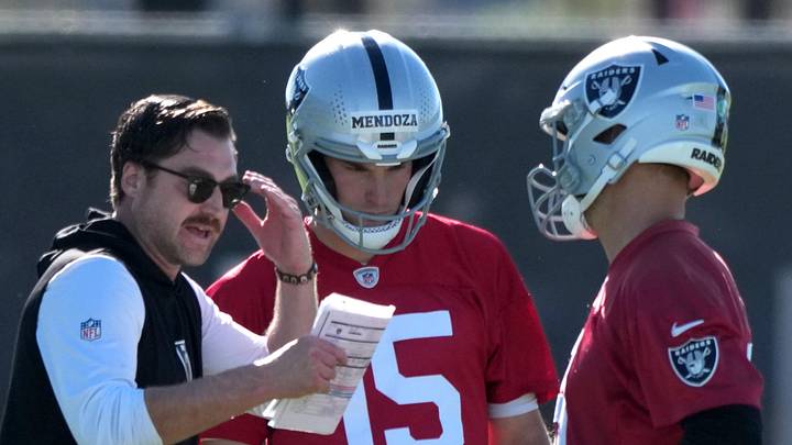Jun 9, 2026; Henderson, NV, USA; Las Vegas Raiders offensive coordinator Andrew Janocko (left) talks with quarterbacks Fernando Mendoza (15) and Kirk Cousins (8) during minicamp at Intermountain Health Performance Center. Mandatory Credit: Kirby Lee-Imagn Images Jun 9, 2026; Henderson, NV, USA; Las Vegas Raiders offensive coordinator Andrew Janocko (left) talks with quarterbacks Fernando Mendoza (15) and Kirk Cousins (8) during minicamp at Intermountain Health Performance Center. Mandatory Credit: Kirby Lee-Imagn Images