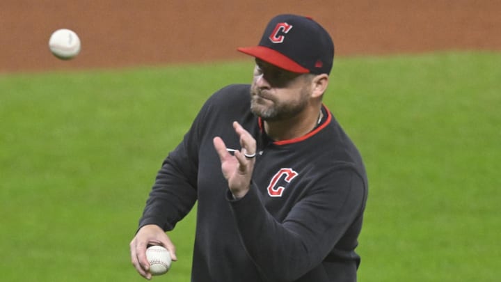 Sep 25, 2025; Cleveland, Ohio, USA; Cleveland Guardians manager Stephen Vogt (12) stands on the field during a pitching change in the ninth inning against the Detroit Tigers at Progressive Field. Mandatory Credit: David Richard-Imagn Images