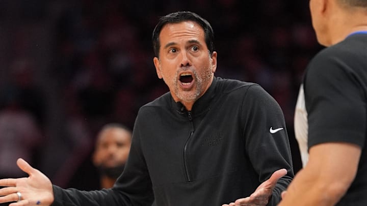 Miami Heat Head Coach Erik Spoelstra objects to a call (Mandatory Credit: Jim Dedmon-Imagn Images)