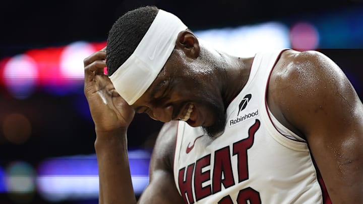 Miami Heat center Bam Adebayo (13) reacts (Mandatory Credit: Bill Streicher-Imagn Images)