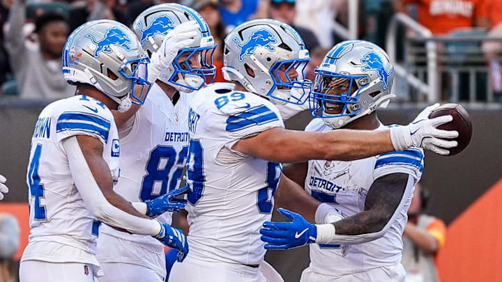 Detroit Lions tight end Brock Wright (89) celebrates a touchdown against Cincinnati Bengals during the first half 