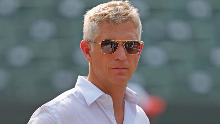 Jul 18, 2023; Baltimore, Maryland, USA; Baltimore Orioles general manager Mike Elias on field prior to the game against the Los Angeles Dodgers at Oriole Park at Camden Yards