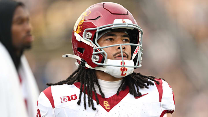 Sep 13, 2025; West Lafayette, Indiana, USA; Southern California Trojans wide receiver Makai Lemon (6) warms up before the game against the Purdue Boilermakers at Ross-Ade Stadium. Mandatory Credit: Marc Lebryk-Imagn Images