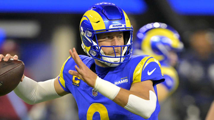 Dec 28, 2024; Inglewood, California, USA;   Los Angeles Rams quarterback Matthew Stafford (9) throws a pass against the Arizona Cardinals at SoFi Stadium. Mandatory Credit: Jayne Kamin-Oncea-Imagn Images