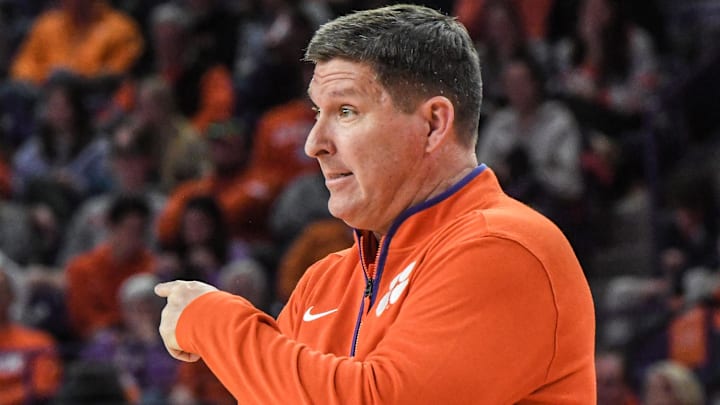 Jan 11, 2025; Clemson, South Carolina, USA; Clemson Tigers head coach Brad Brownell reacts during the second half against the Florida State Seminoles at Littlejohn Coliseum Jan 11, 2025; Clemson, South Carolina, USA; Clemson Tigers head coach Brad Brownell reacts during the second half against the Florida State Seminoles at Littlejohn Coliseum