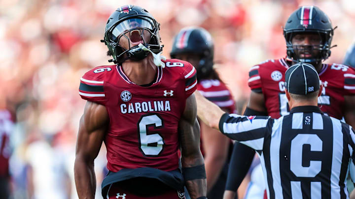 Aug 31, 2024; Columbia, South Carolina, USA; South Carolina Gamecocks edge Dylan Stewart (6) celebrates after a sack against the Old Dominion Monarchs in the second quarter at Williams-Brice Stadium. Mandatory Credit: Jeff Blake-Imagn Images