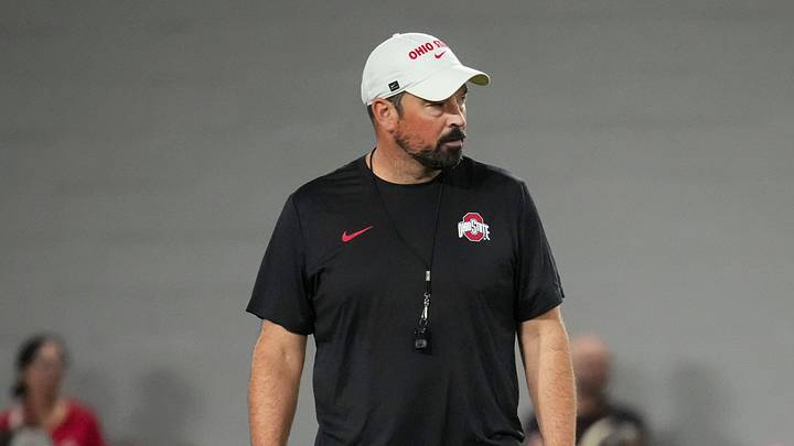 Ohio State Buckeyes head coach Ryan Day watches during football training camp inside the Woody Hayes Athletic Center in Columbus on Aug. 7, 2026. Ohio State Buckeyes head coach Ryan Day watches during football training camp inside the Woody Hayes Athletic Center in Columbus on Aug. 7, 2026.