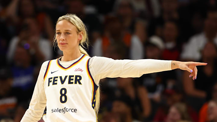 Aug 7, 2025; Phoenix, Arizona, USA; Indiana Fever guard Sophie Cunningham (8) reacts against the Phoenix Mercury during an WNBA game at PHX Arena. Mandatory Credit: Mark J. Rebilas-Imagn Images