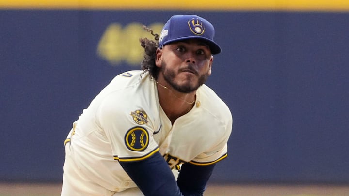 Milwaukee Brewers pitcher Freddy Peralta (51) pitches during the first inning of the National League Division Series game against the Chicago Cubs on Saturday October 4, 2025 at American Family Field in Milwaukee, Wisconsin.