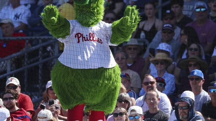 Mar 1, 2026; Clearwater, Florida, USA; Philadelphia Phillies mascot the Phanatic entertains fans against the New York Yankees in the third inning during spring training at BayCare Ballpark. Mar 1, 2026; Clearwater, Florida, USA; Philadelphia Phillies mascot the Phanatic entertains fans against the New York Yankees in the third inning during spring training at BayCare Ballpark.