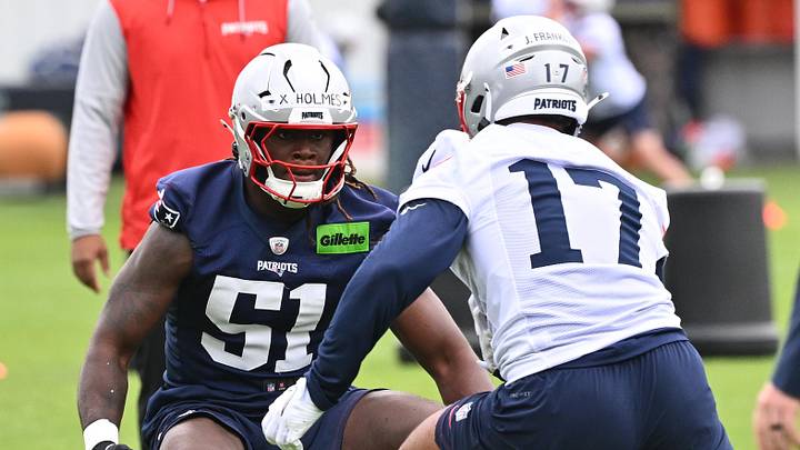 May 9, 2026; Foxborough, MA, USA; New England Patriots defensive end Xavier Holmes (51) does a drill with tight end Jeremiah Franklin (17) during the New England Patriots rookie camp at Gillette Stadium. Mandatory Credit: Eric Canha-Imagn Images May 9, 2026; Foxborough, MA, USA; New England Patriots defensive end Xavier Holmes (51) does a drill with tight end Jeremiah Franklin (17) during the New England Patriots rookie camp at Gillette Stadium. Mandatory Credit: Eric Canha-Imagn Images