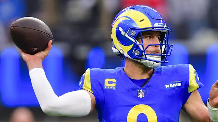 Dec 8, 2024; Inglewood, California, USA; Los Angeles Rams quarterback Matthew Stafford (9) throws against the Buffalo Bills during the second half at SoFi Stadium. Mandatory Credit: Gary A. Vasquez-Imagn Images Dec 8, 2024; Inglewood, California, USA; Los Angeles Rams quarterback Matthew Stafford (9) throws against the Buffalo Bills during the second half at SoFi Stadium. Mandatory Credit: Gary A. Vasquez-Imagn Images