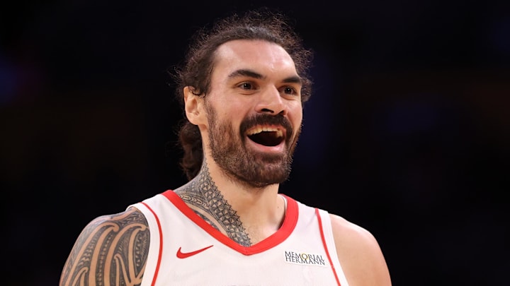 Mar 31, 2025; Los Angeles, California, USA;  Houston Rockets center Steven Adams (12) reacts to a play during the third quarter against the Los Angeles Lakers at Crypto.com Arena. Mandatory Credit: Kiyoshi Mio-Imagn Images